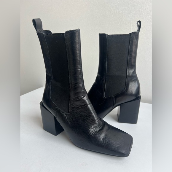 JONAK Black Leather Square Toe Chelsea Boots | Block Heel | EU 38 - Picture 2 of 15